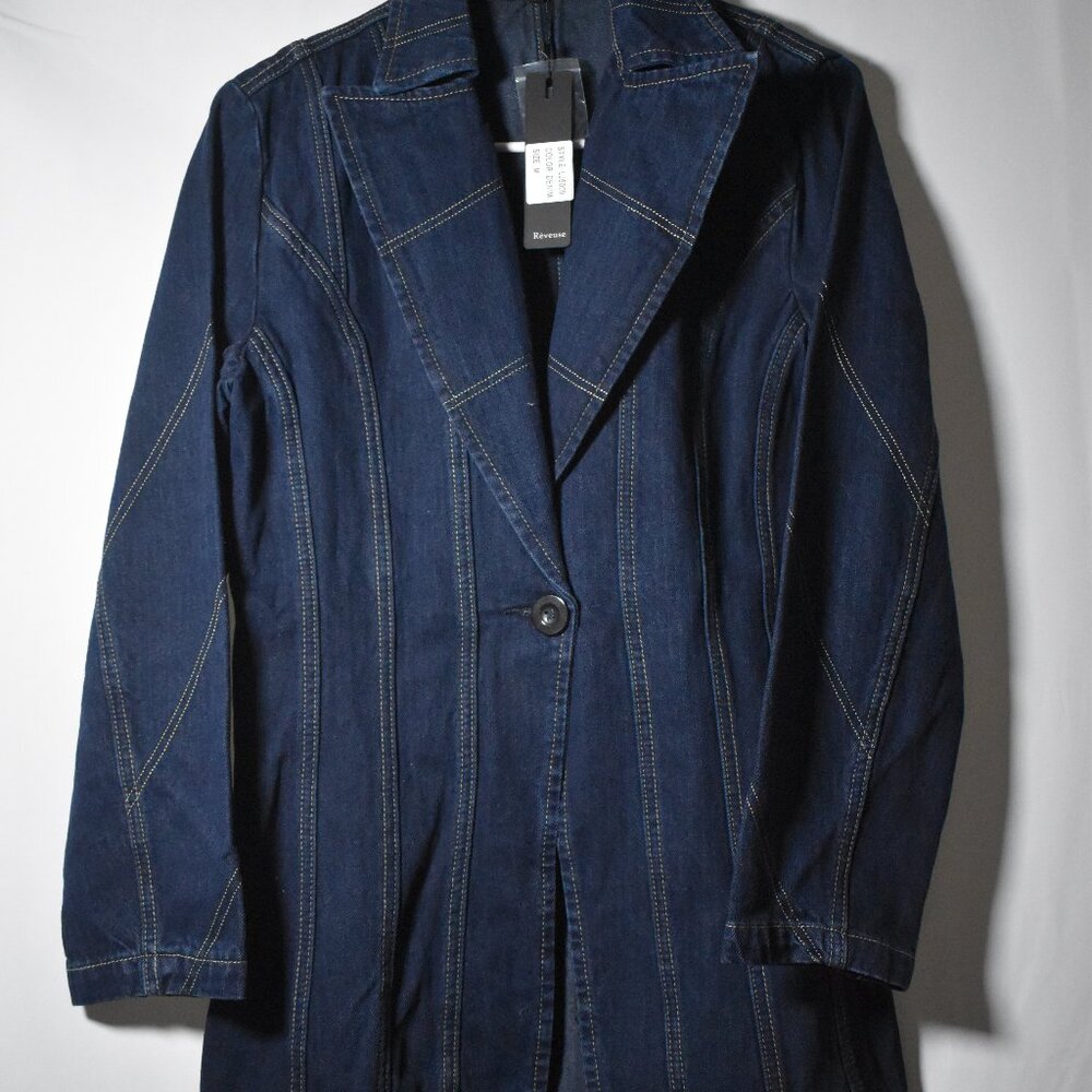 Reveuse Denim Longline Blazer Jacket Dark Wash Size M NWT
